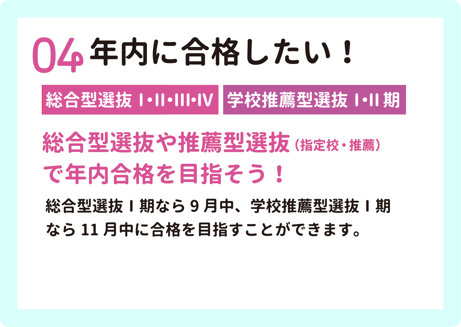 04 年内に合格したい！　【総合型選抜Ⅰ・Ⅱ・Ⅲ・Ⅳ】【学校推薦型選抜Ⅰ・Ⅱ期】　総合型選抜や推薦型選抜（指定校・推薦）で年内合格を目指そう！